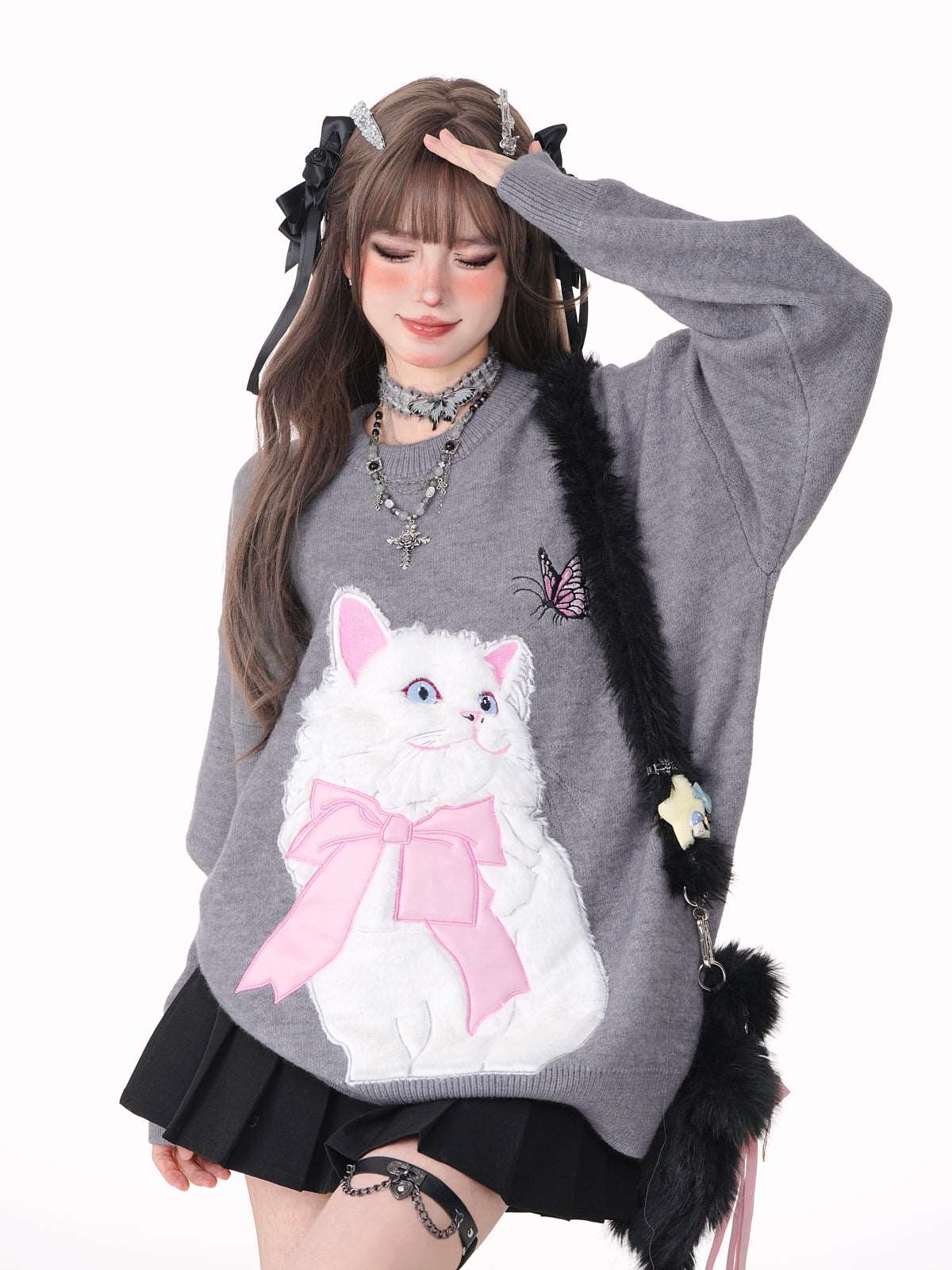 Young Eyes Cat With Bow Print Pullover Knitted Embroidery Oversize Sweater - Image 4