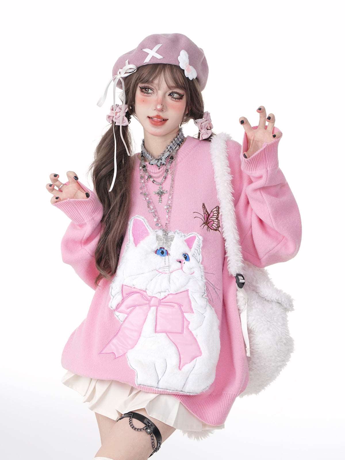 Young Eyes Cat With Bow Print Pullover Knitted Embroidery Oversize Sweater - Image 5