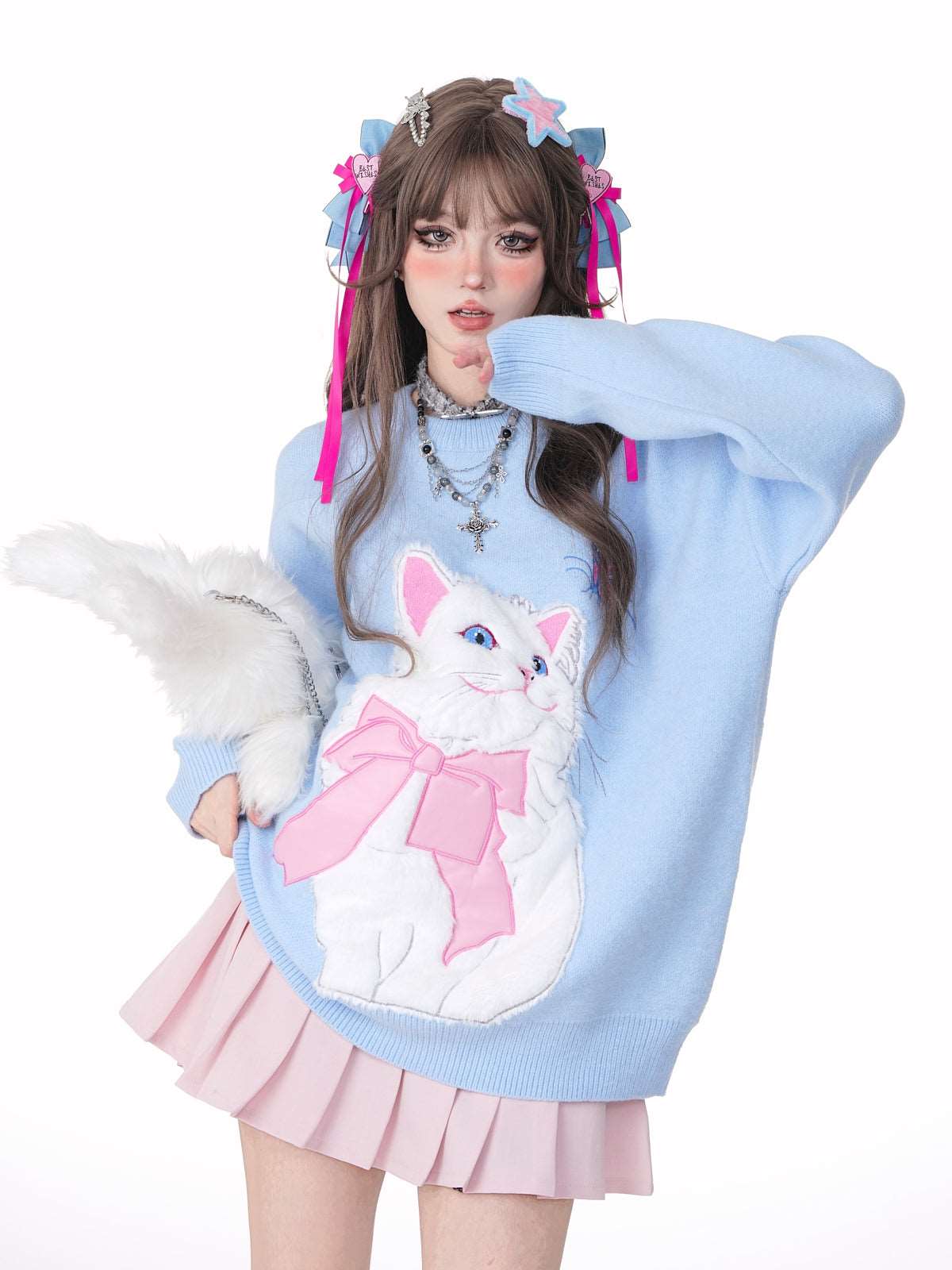 Young Eyes Cat With Bow Print Pullover Knitted Embroidery Oversize Sweater - Image 6