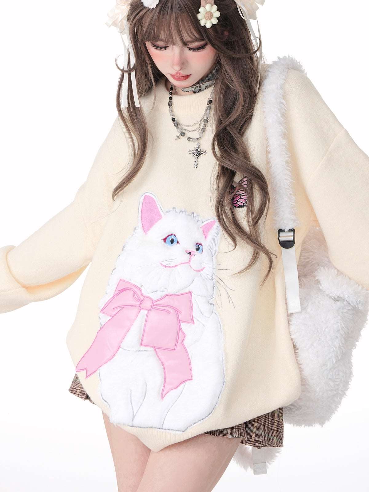 Young Eyes Cat With Bow Print Pullover Knitted Embroidery Oversize Sweater - Image 7