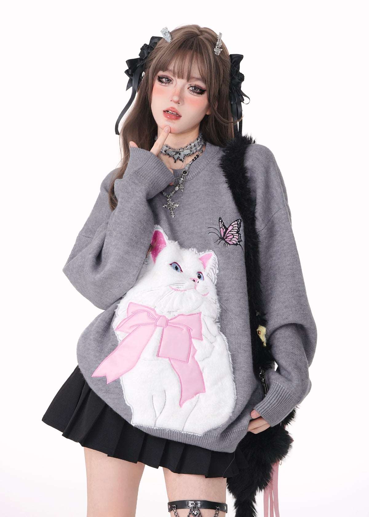 Young Eyes Cat With Bow Print Pullover Knitted Embroidery Oversize Sweater - Image 8