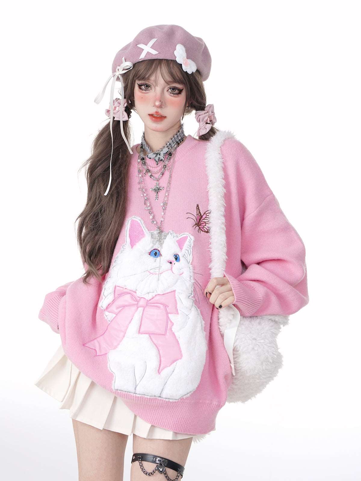 Young Eyes Cat With Bow Print Pullover Knitted Embroidery Oversize Sweater - Image 9