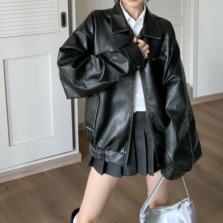 Chic Trendy Winter Brown Black Leather Jacket Skirt Two Piece Set - Image 2