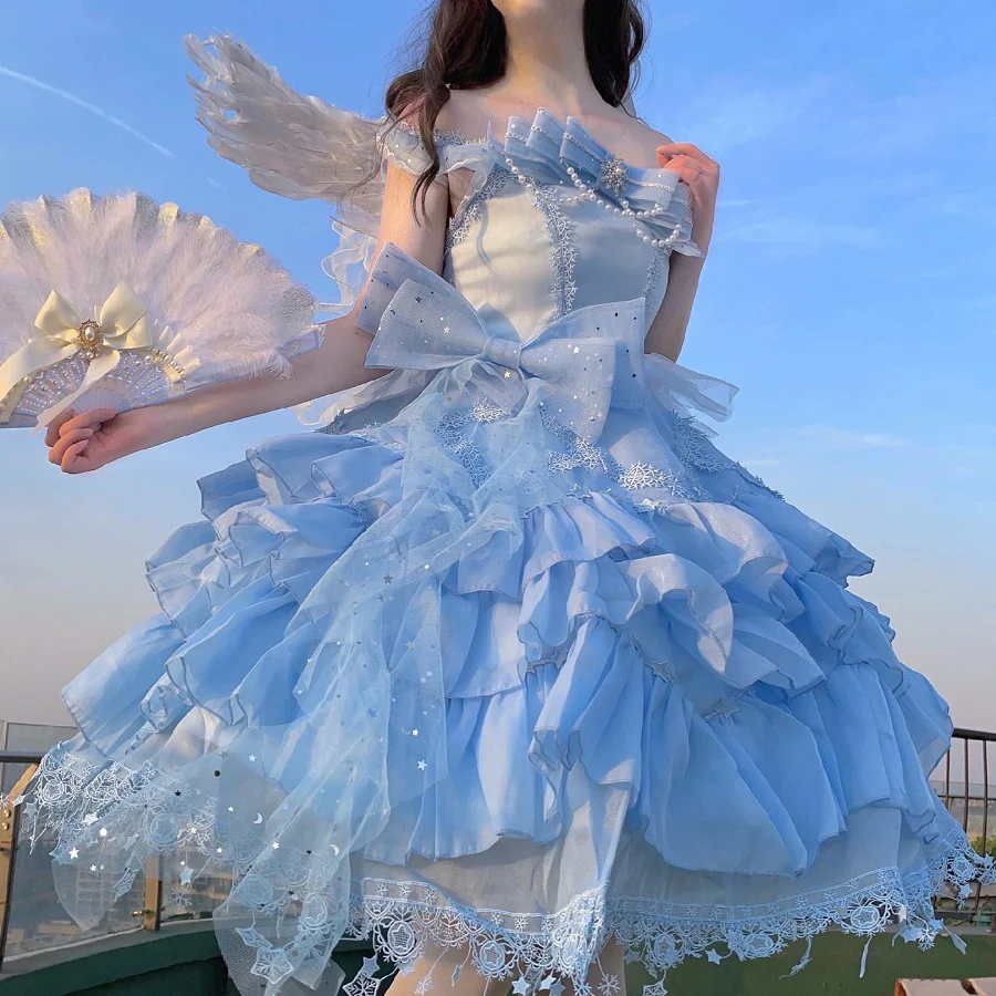 Cinderella Ruffled Princess Snowflake White Blue Dress