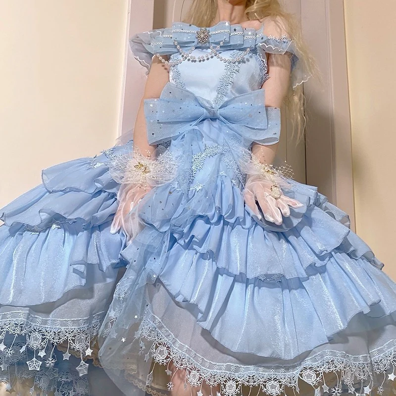 Cinderella Ruffled Princess Snowflake White Blue Dress - Image 3