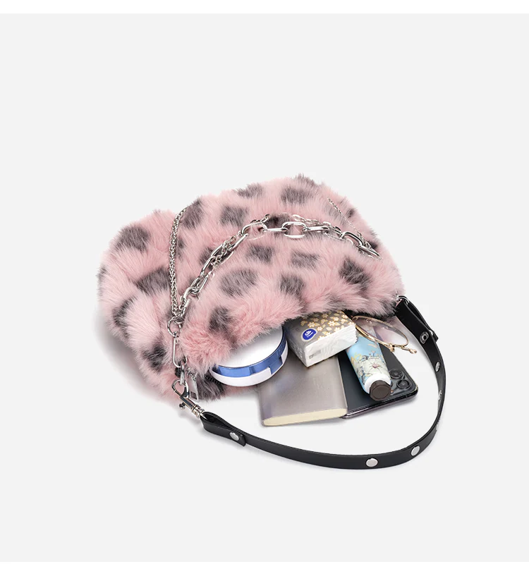 Plush Leopard Pattern Pink Brown White Shoulder Messenger Bag - Image 6