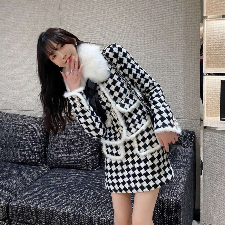 Acacia Classic Houndstooth Fur Collar White Black Jacket Skirt Two Piece Set - Image 10