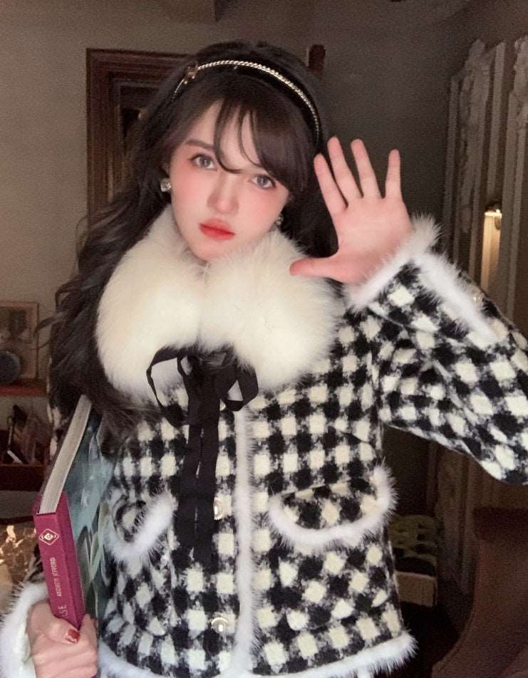 Acacia Classic Houndstooth Fur Collar White Black Jacket Skirt Two Piece Set - Image 2