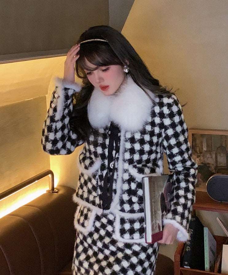Acacia Classic Houndstooth Fur Collar White Black Jacket Skirt Two Piece Set - Image 3
