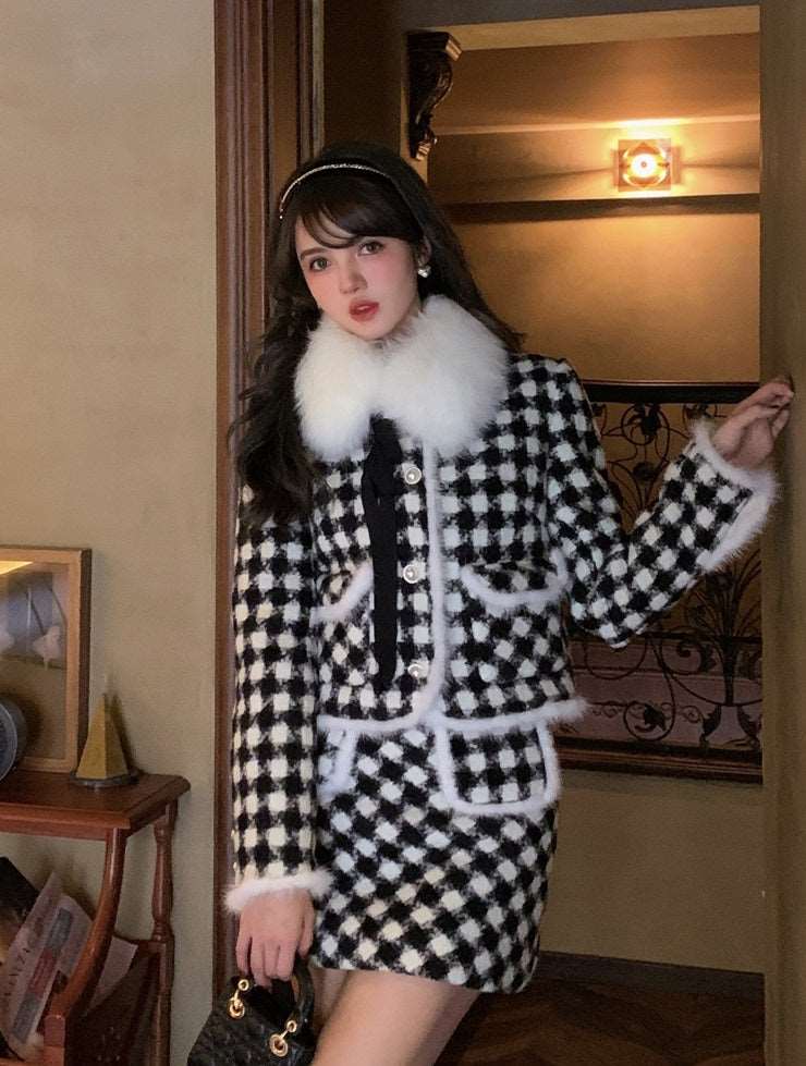 Acacia Classic Houndstooth Fur Collar White Black Jacket Skirt Two Piece Set - Image 4