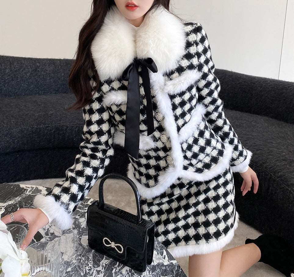 Acacia Classic Houndstooth Fur Collar White Black Jacket Skirt Two Piece Set - Image 6