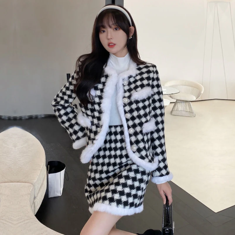 Acacia Classic Houndstooth Fur Collar White Black Jacket Skirt Two Piece Set - Image 7