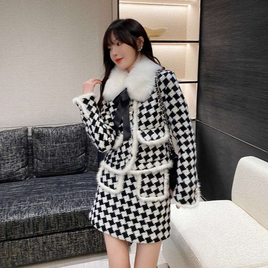 Acacia Classic Houndstooth Fur Collar White Black Jacket Skirt Two Piece Set - Image 9