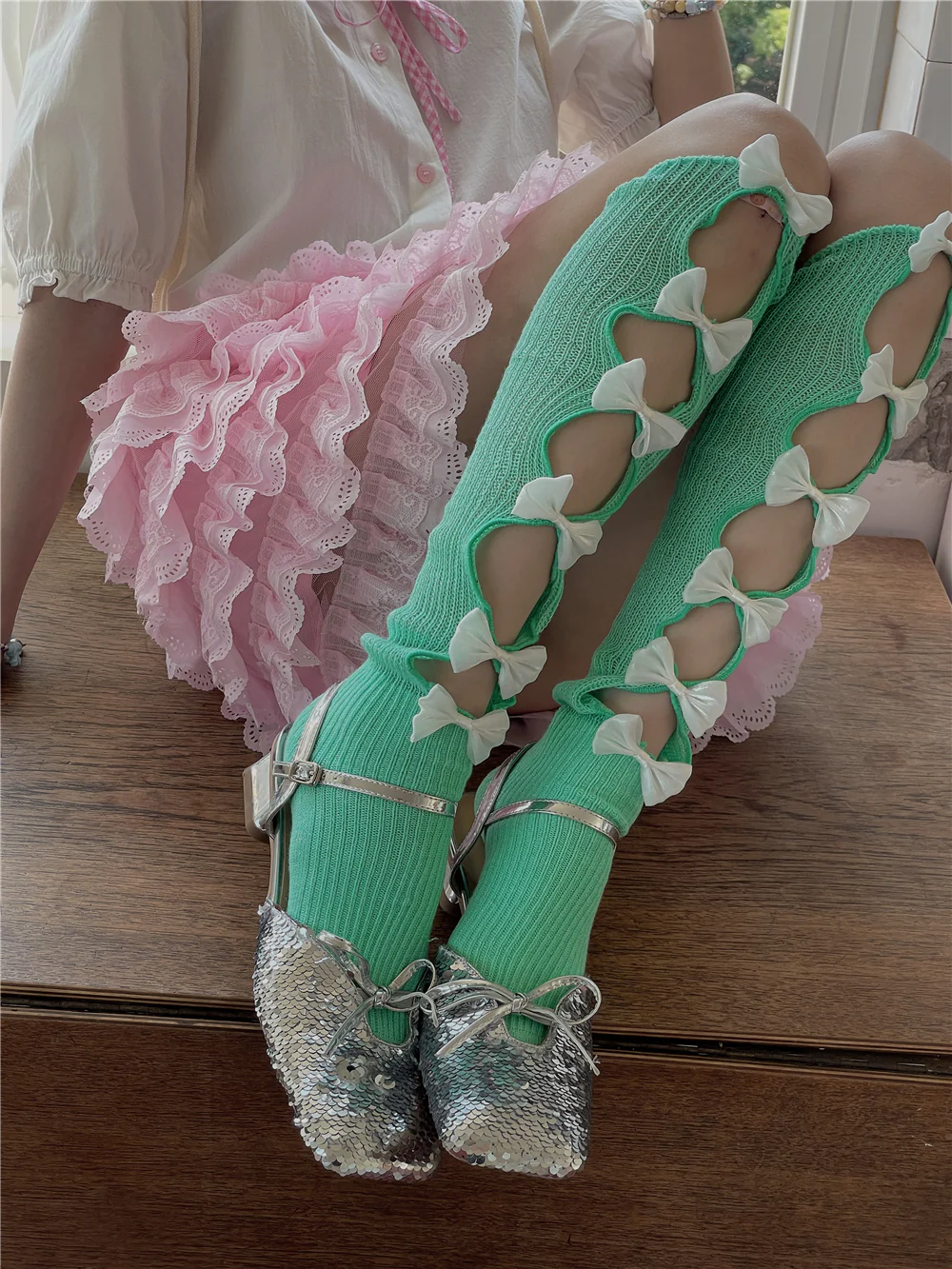 Colorful Cotton Coquette Hollow Bow Knee High Stockings - Image 6