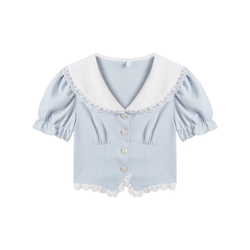 Lazy Girl Coquette Blue Puff Sleeve Shirt Blouse & Ruffled White Mini Skirt Two Piece Set - Image 2