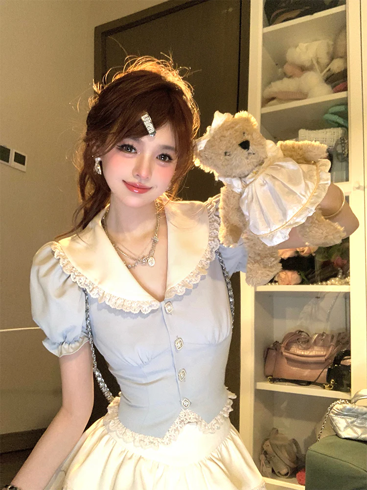 Lazy Girl Coquette Blue Puff Sleeve Shirt Blouse & Ruffled White Mini Skirt Two Piece Set - Image 4