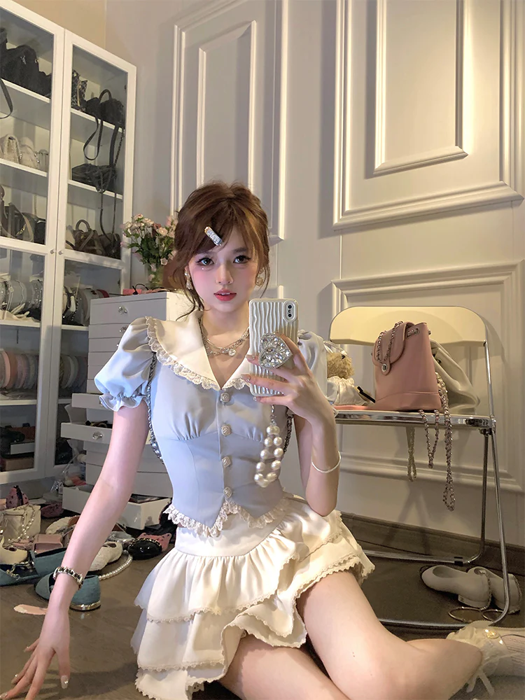 Lazy Girl Coquette Blue Puff Sleeve Shirt Blouse & Ruffled White Mini Skirt Two Piece Set - Image 5