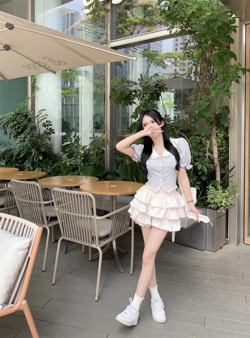 Lazy Girl Coquette Blue Puff Sleeve Shirt Blouse & Ruffled White Mini Skirt Two Piece Set - Image 6
