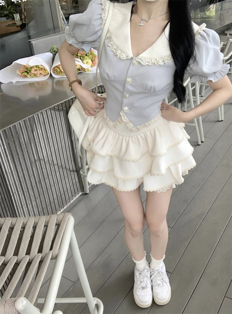Lazy Girl Coquette Blue Puff Sleeve Shirt Blouse & Ruffled White Mini Skirt Two Piece Set - Image 7