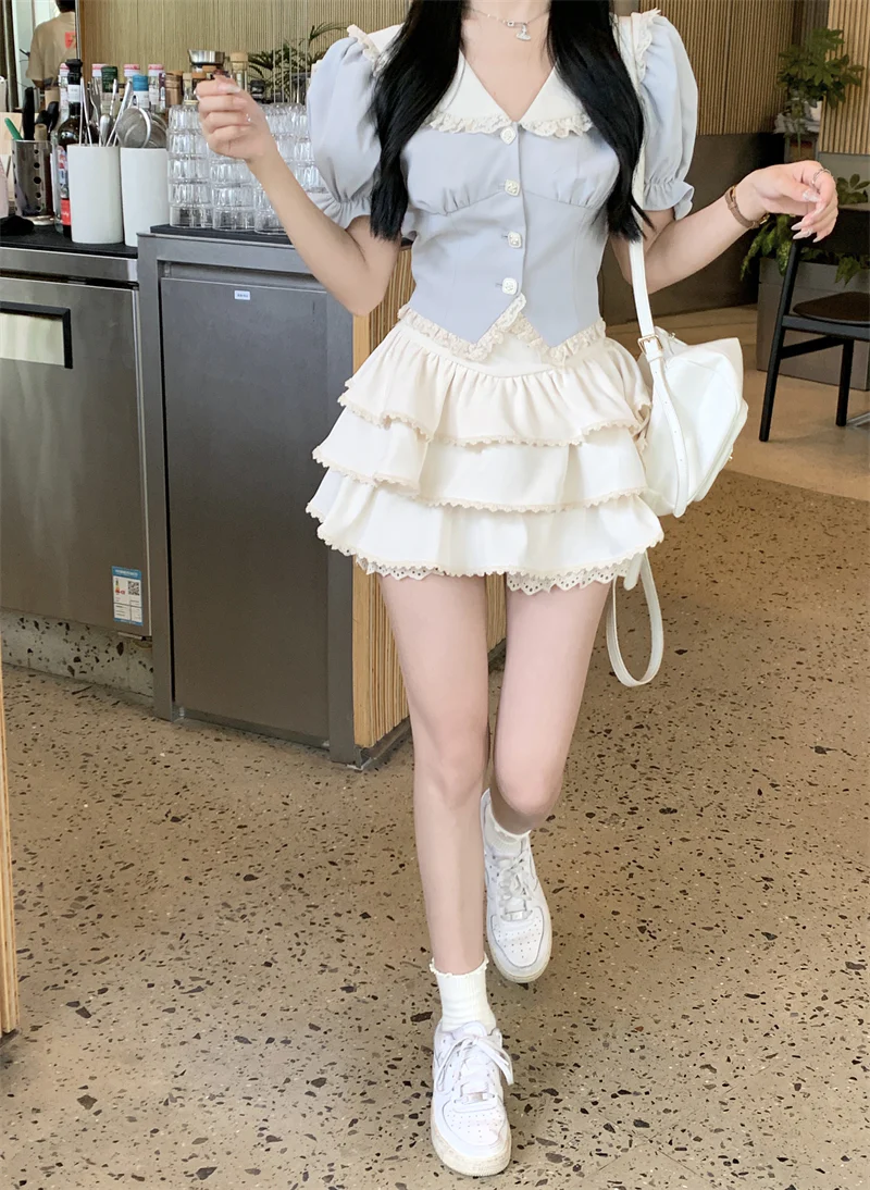 Lazy Girl Coquette Blue Puff Sleeve Shirt Blouse & Ruffled White Mini Skirt Two Piece Set - Image 8