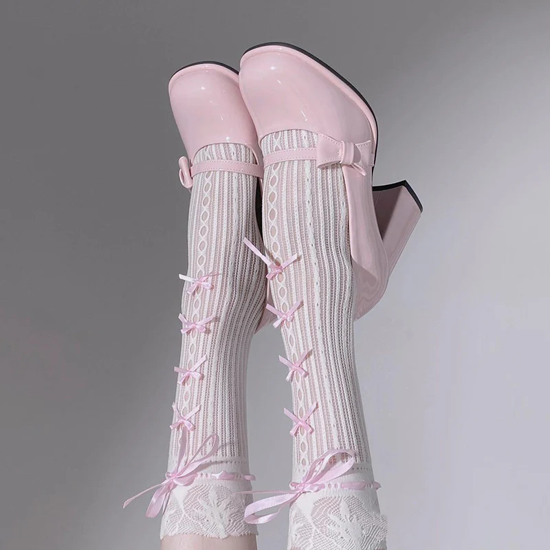 Coquette Darling Lace Pink Bow White Black Socks - Image 3