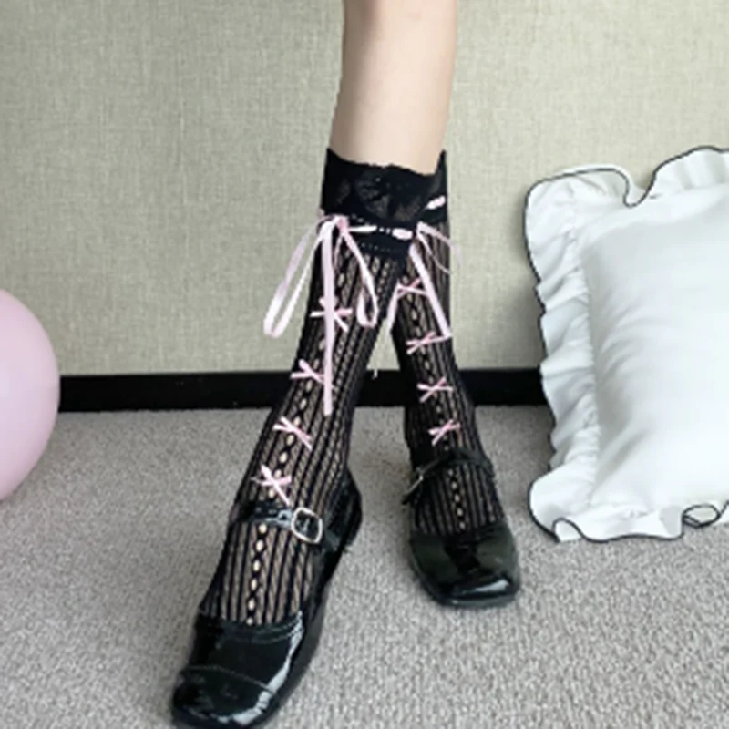 Coquette Darling Lace Pink Bow White Black Socks - Image 5