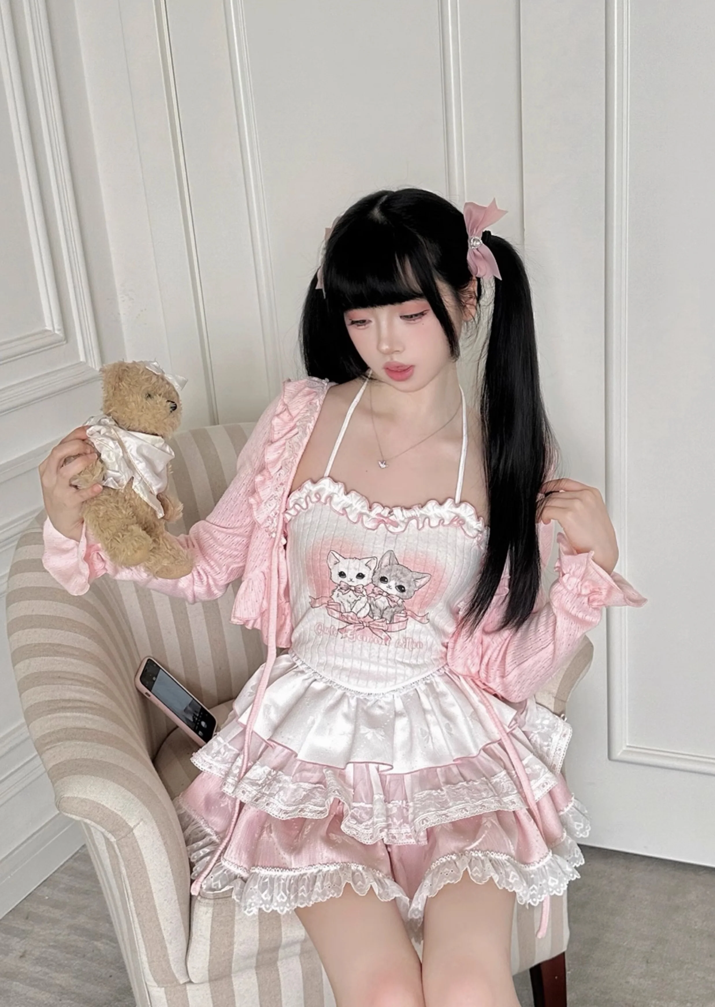 Coquette Love Song Cat Camisole Pink Cardigan Ruffled Skirt Three Piece Set - Image 3
