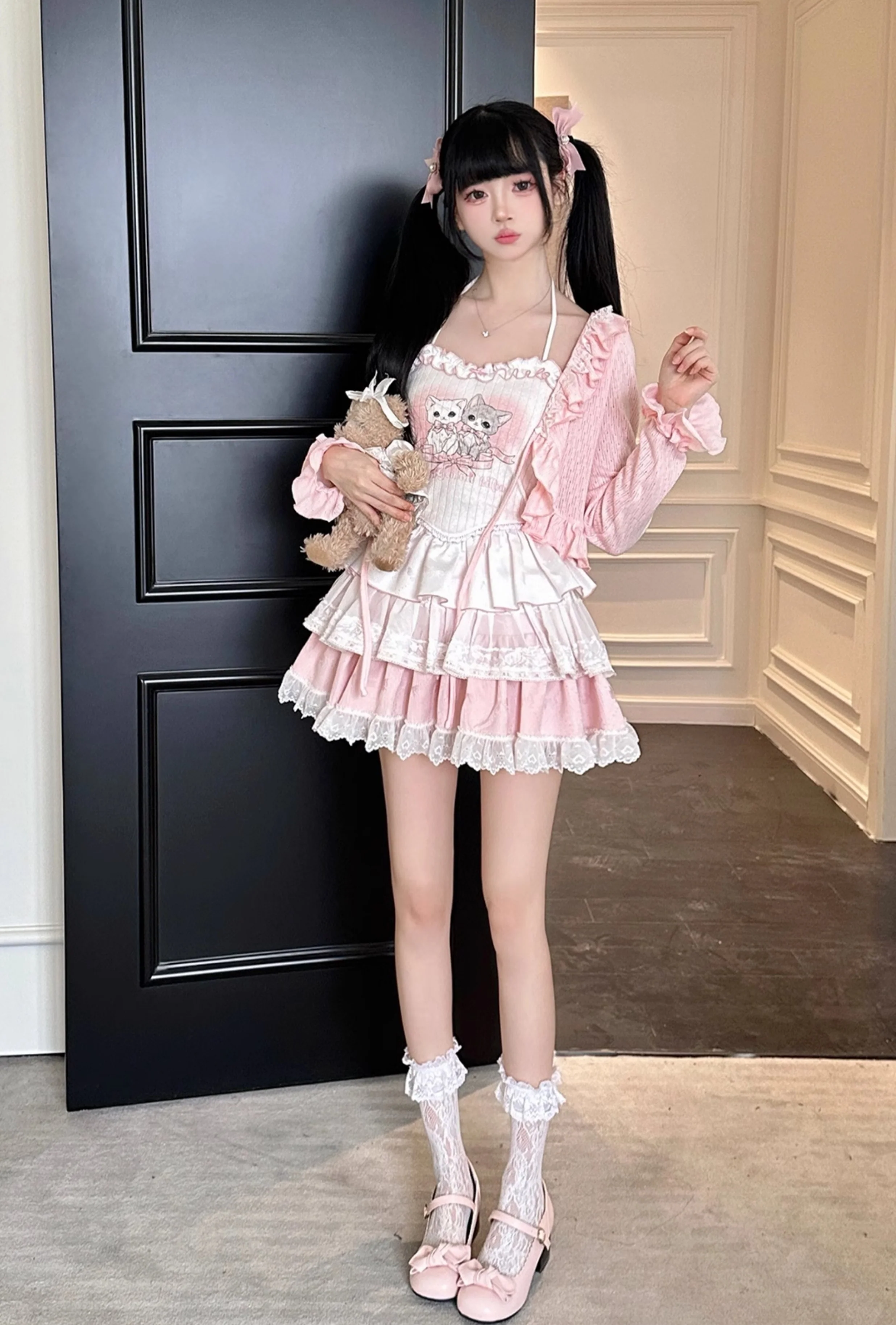 Coquette Love Song Cat Camisole Pink Cardigan Ruffled Skirt Three Piece Set - Image 4