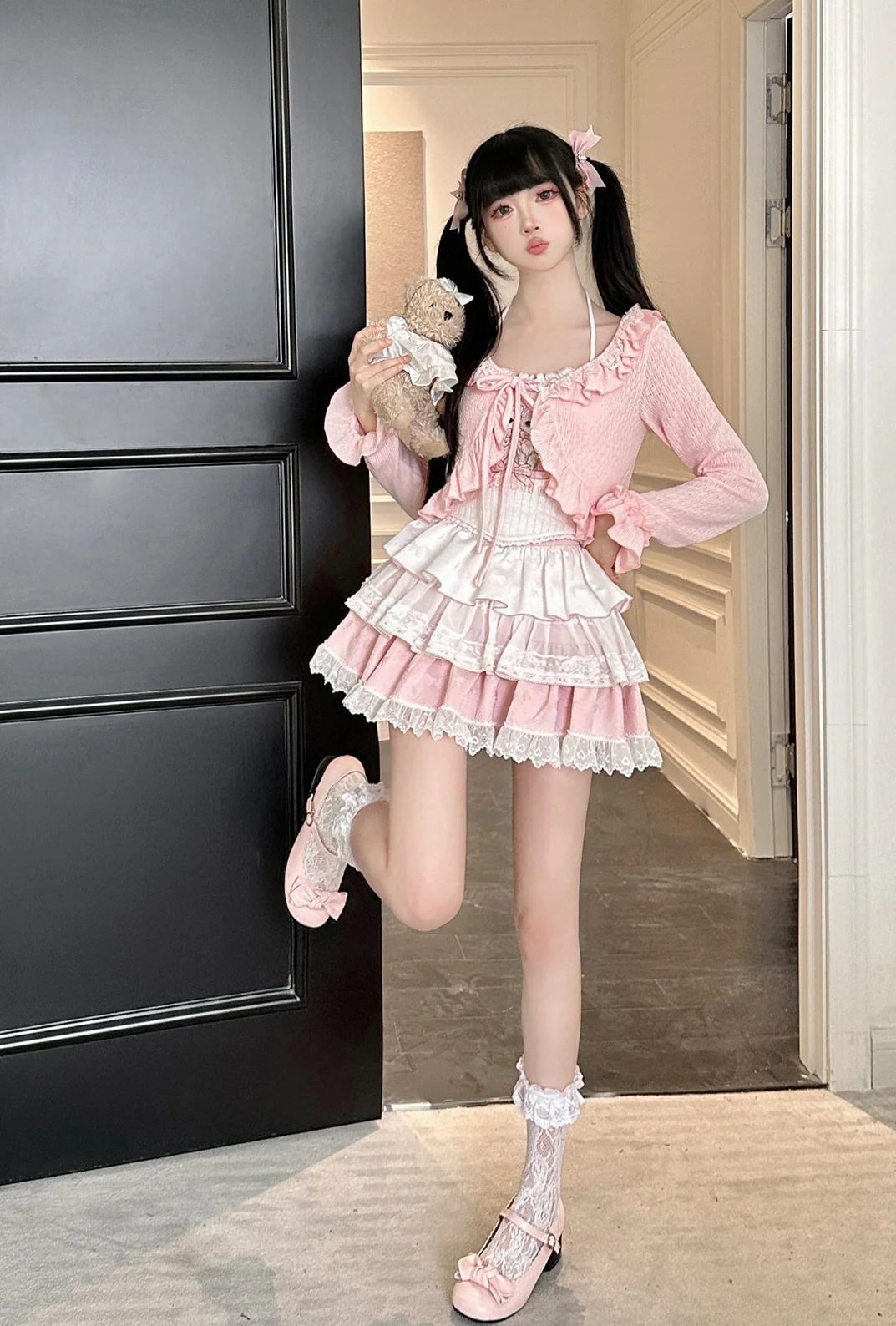 Coquette Love Song Cat Camisole Pink Cardigan Ruffled Skirt Three Piece Set - Image 5