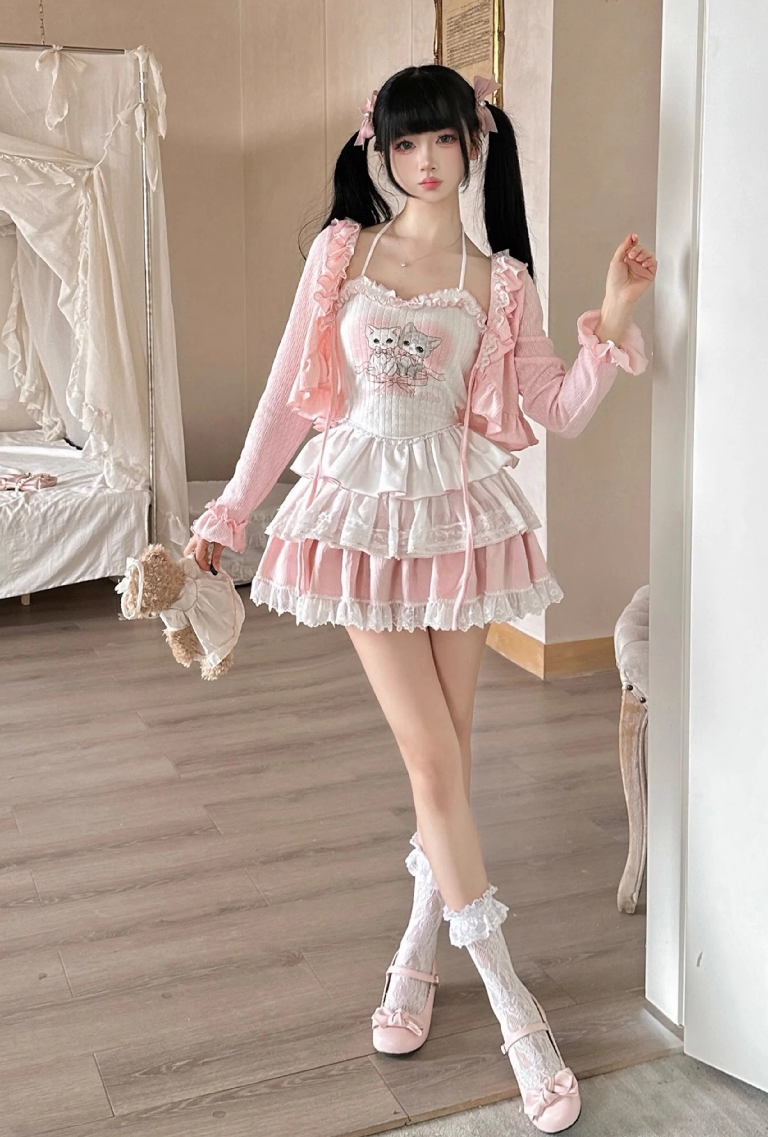 Coquette Love Song Cat Camisole Pink Cardigan Ruffled Skirt Three Piece Set - Image 6