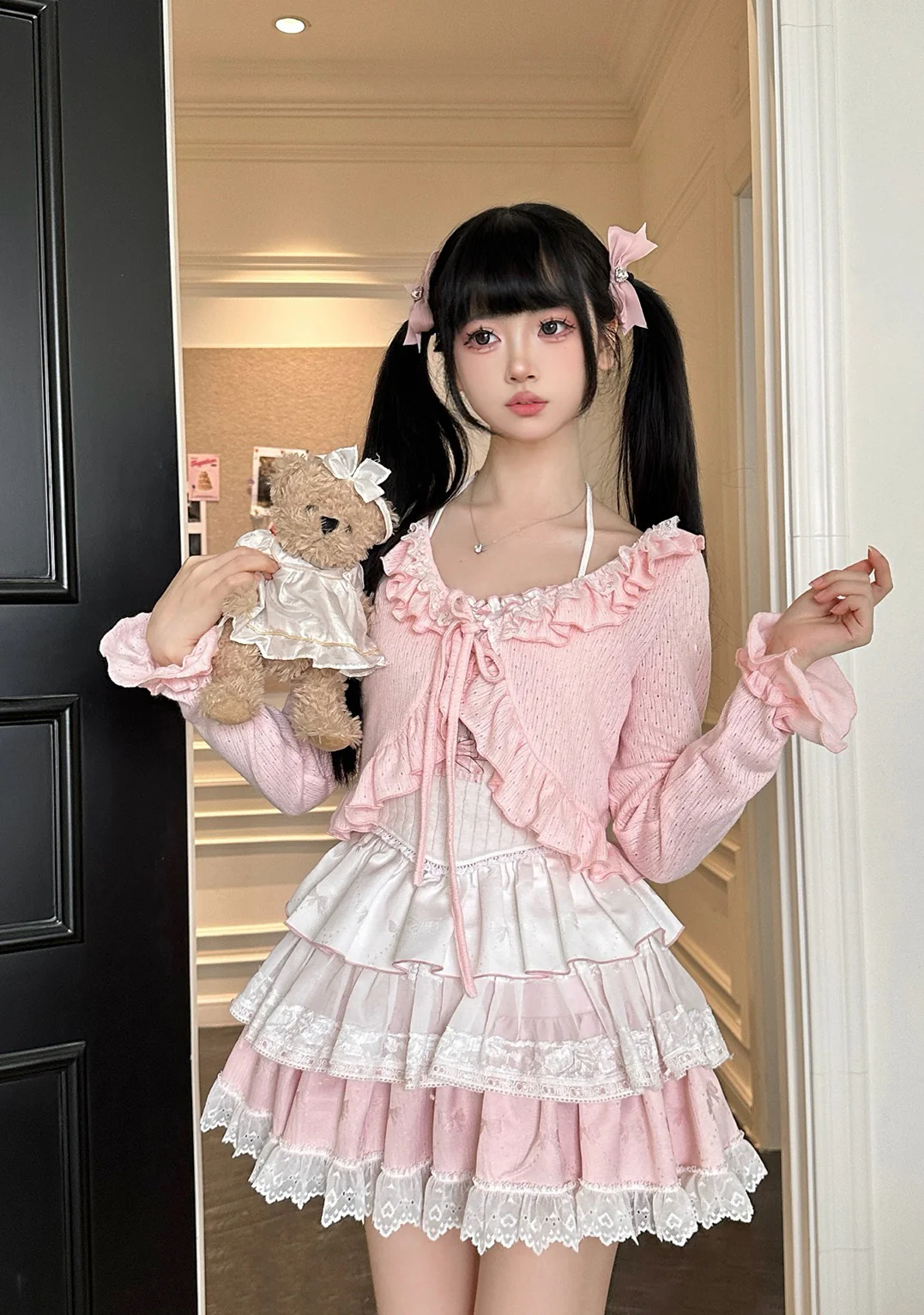 Coquette Love Song Cat Camisole Pink Cardigan Ruffled Skirt Three Piece Set - Image 7