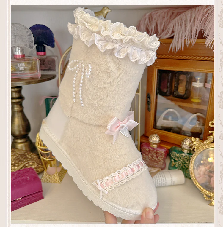 Pinky Coquette Pink Bow Lace Velvet Snow Winter Cute Short Mid Calf Boots Shoes - Image 3