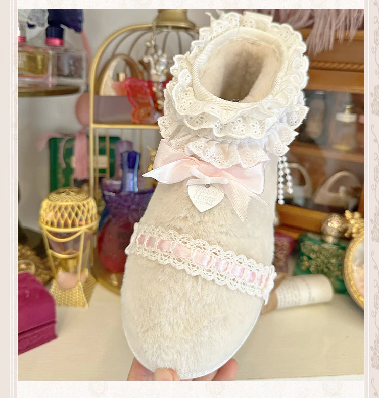 Pinky Coquette Pink Bow Lace Velvet Snow Winter Cute Short Mid Calf Boots Shoes - Image 4