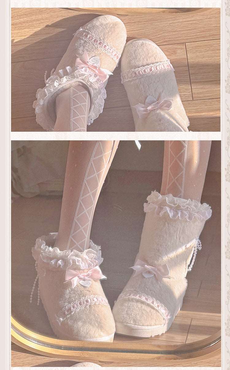 Pinky Coquette Pink Bow Lace Velvet Snow Winter Cute Short Mid Calf Boots Shoes - Image 5