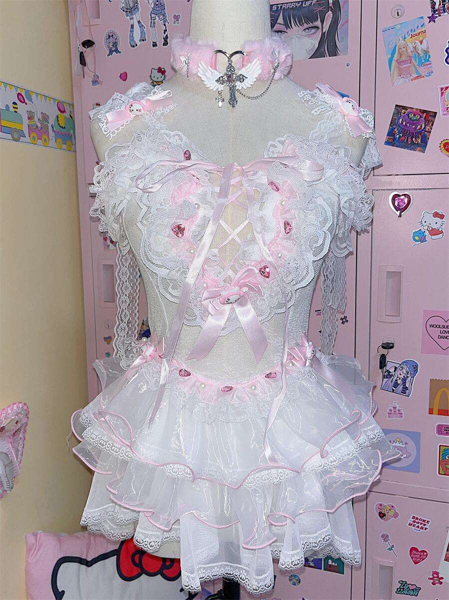 Coquette Sexy Kitty Lace White Pink Cake Dress Lingerie - Image 3