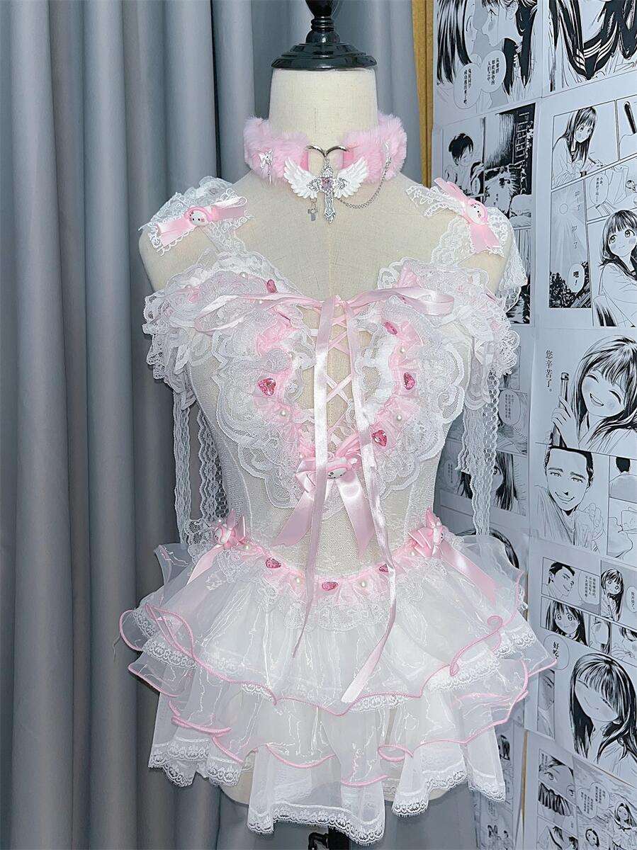 Coquette Sexy Kitty Lace White Pink Cake Dress Lingerie - Image 4