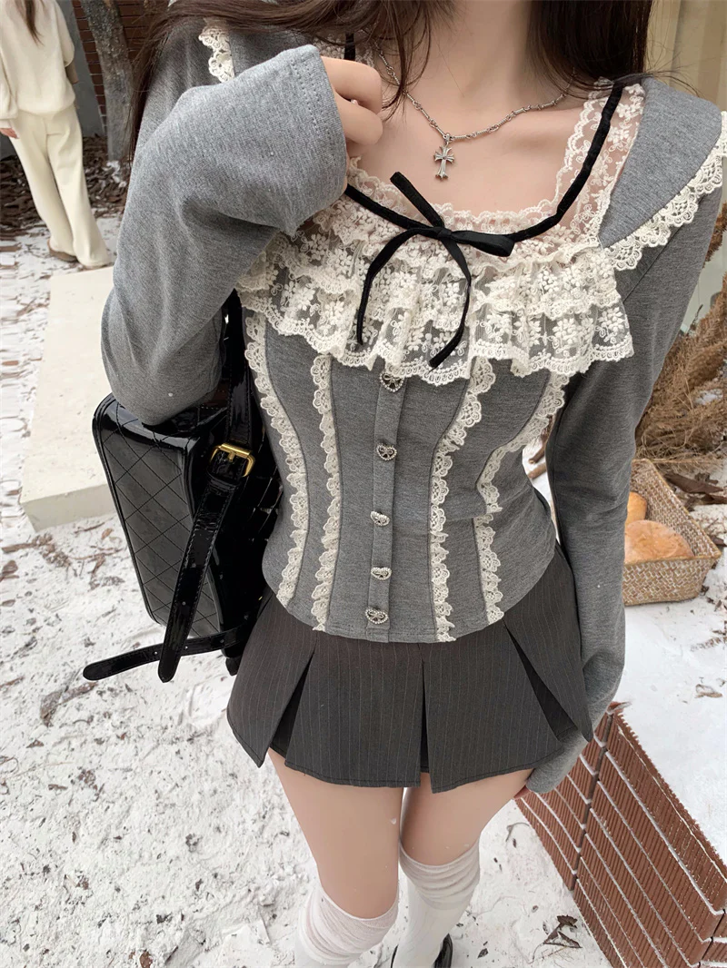Young Eyes Coquette Square Collar Lace Black Gray White Shirt Top - Image 9