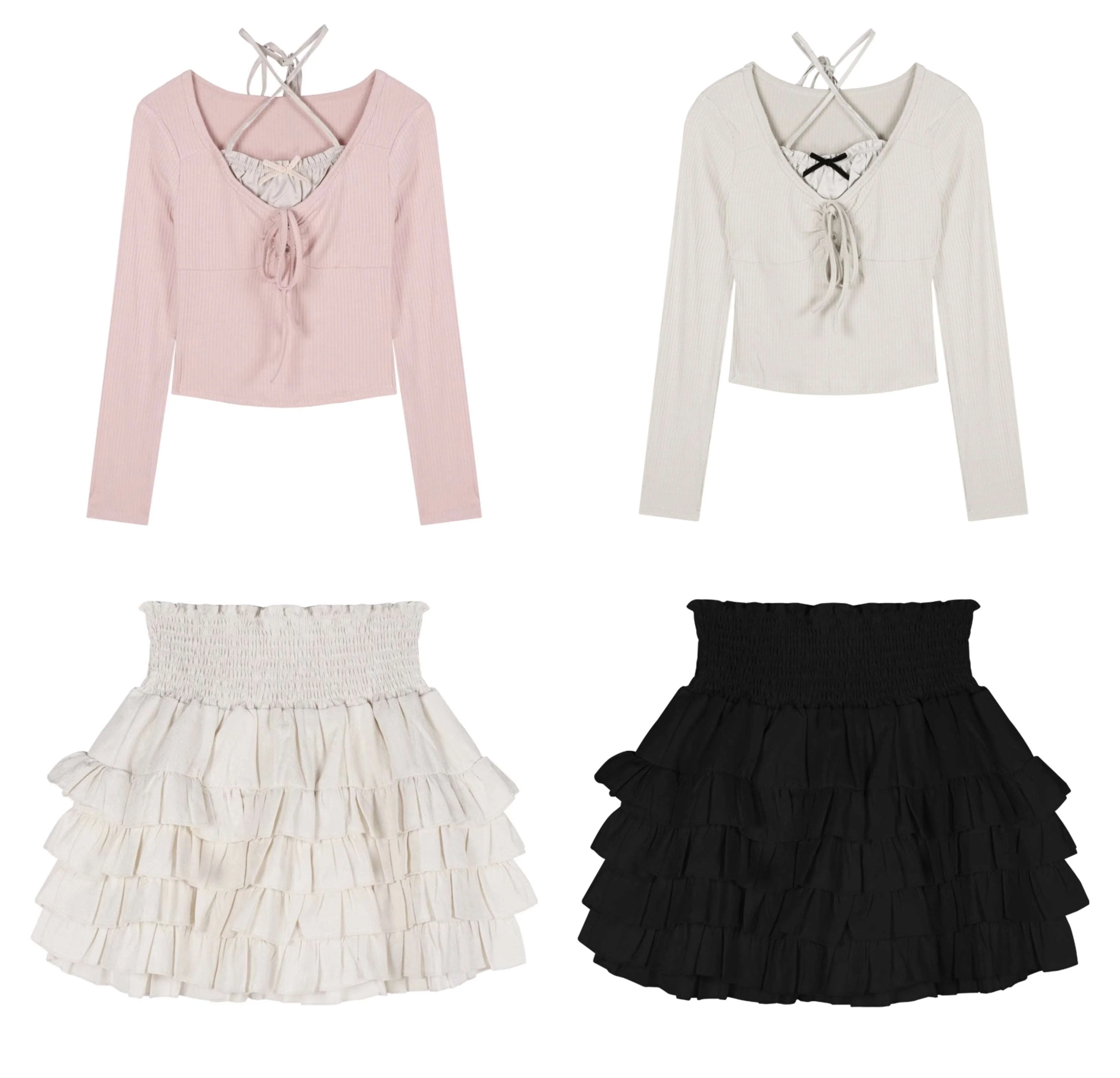 Lazy Girl Coquette Sweet Girl Vintage Pink Top White Skirt & White Top Black Skirt Two Piece Set - Image 2
