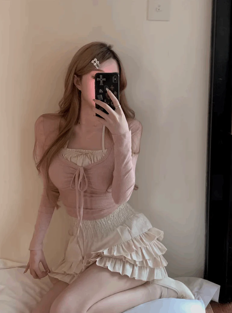 Lazy Girl Coquette Sweet Girl Vintage Pink Top White Skirt & White Top Black Skirt Two Piece Set - Image 6