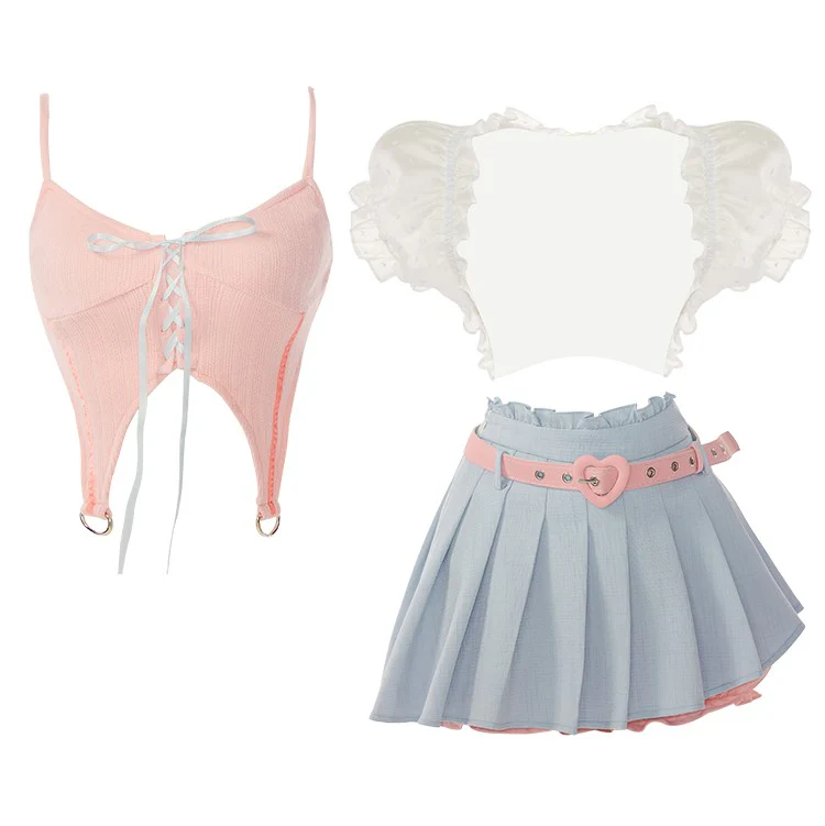 Serendipity Coquette White Sheer Little Cardigan & Pink Sexy Strap Camisole & Blue Pleated Mini Skirt Three Piece Set - Image 2