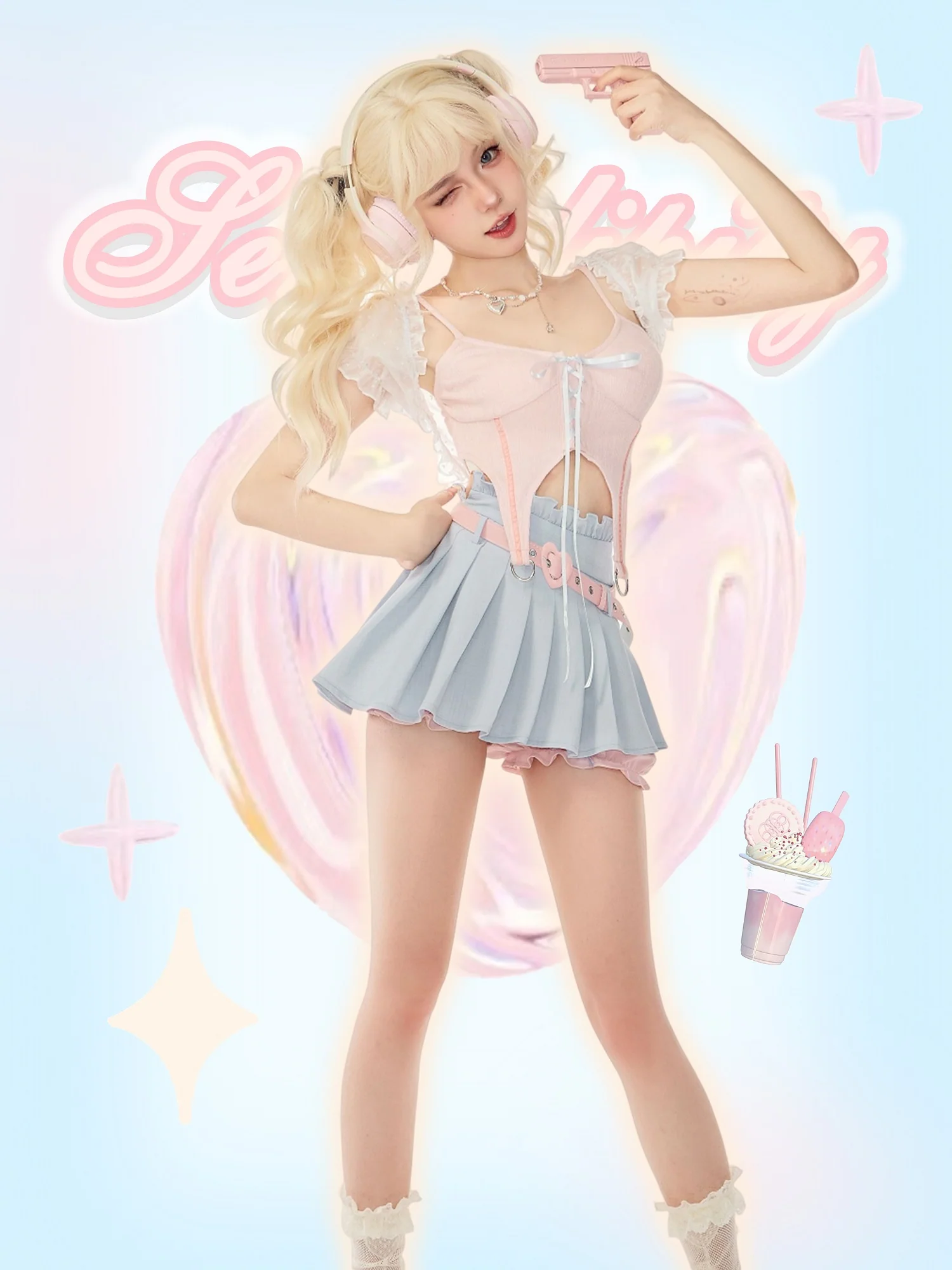Serendipity Coquette White Sheer Little Cardigan & Pink Sexy Strap Camisole & Blue Pleated Mini Skirt Three Piece Set - Image 3