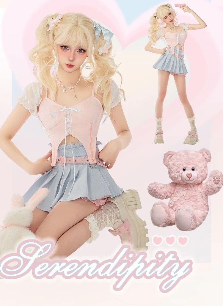 Serendipity Coquette White Sheer Little Cardigan & Pink Sexy Strap Camisole & Blue Pleated Mini Skirt Three Piece Set - Image 4