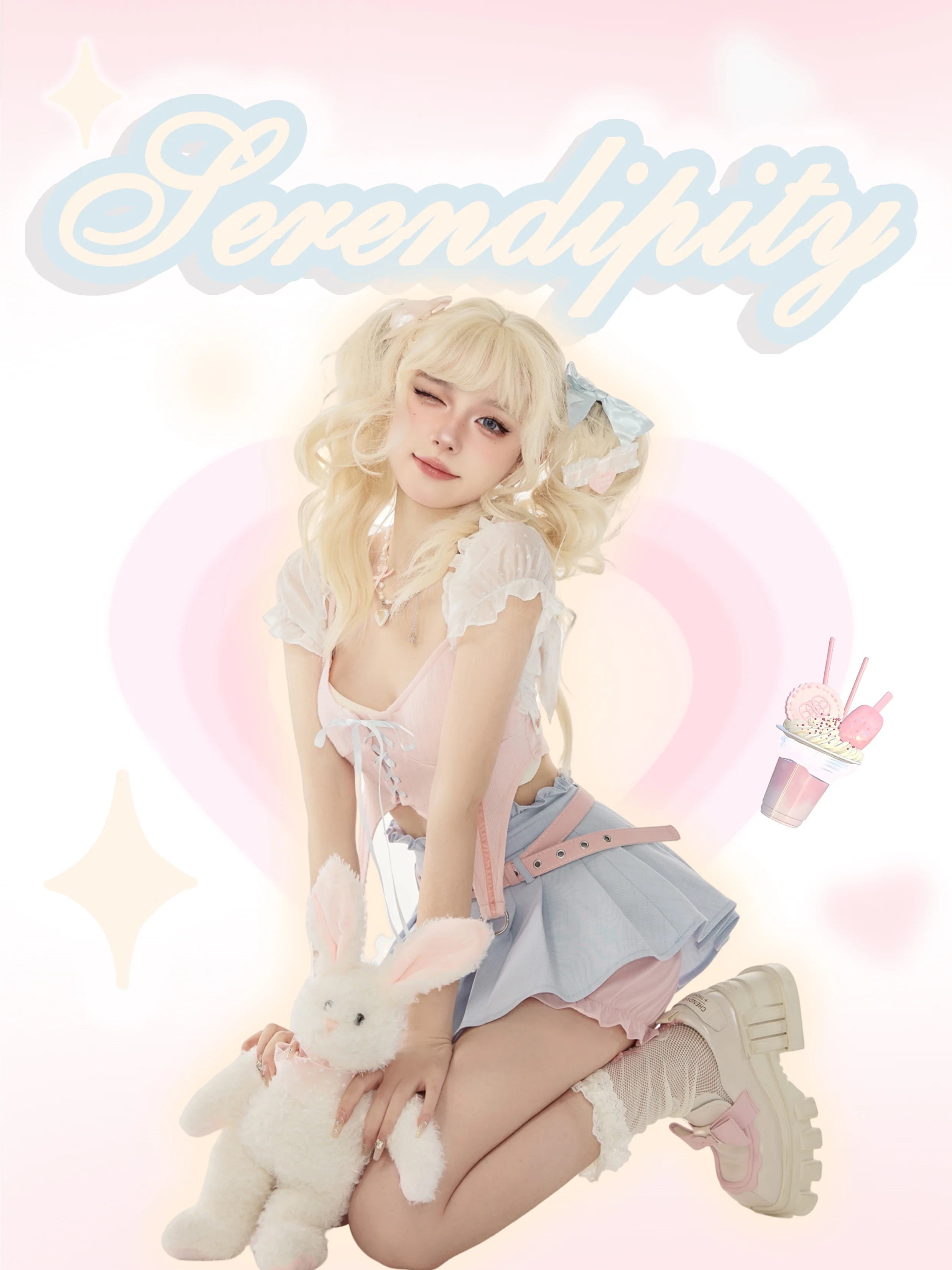 Serendipity Coquette White Sheer Little Cardigan & Pink Sexy Strap Camisole & Blue Pleated Mini Skirt Three Piece Set - Image 5