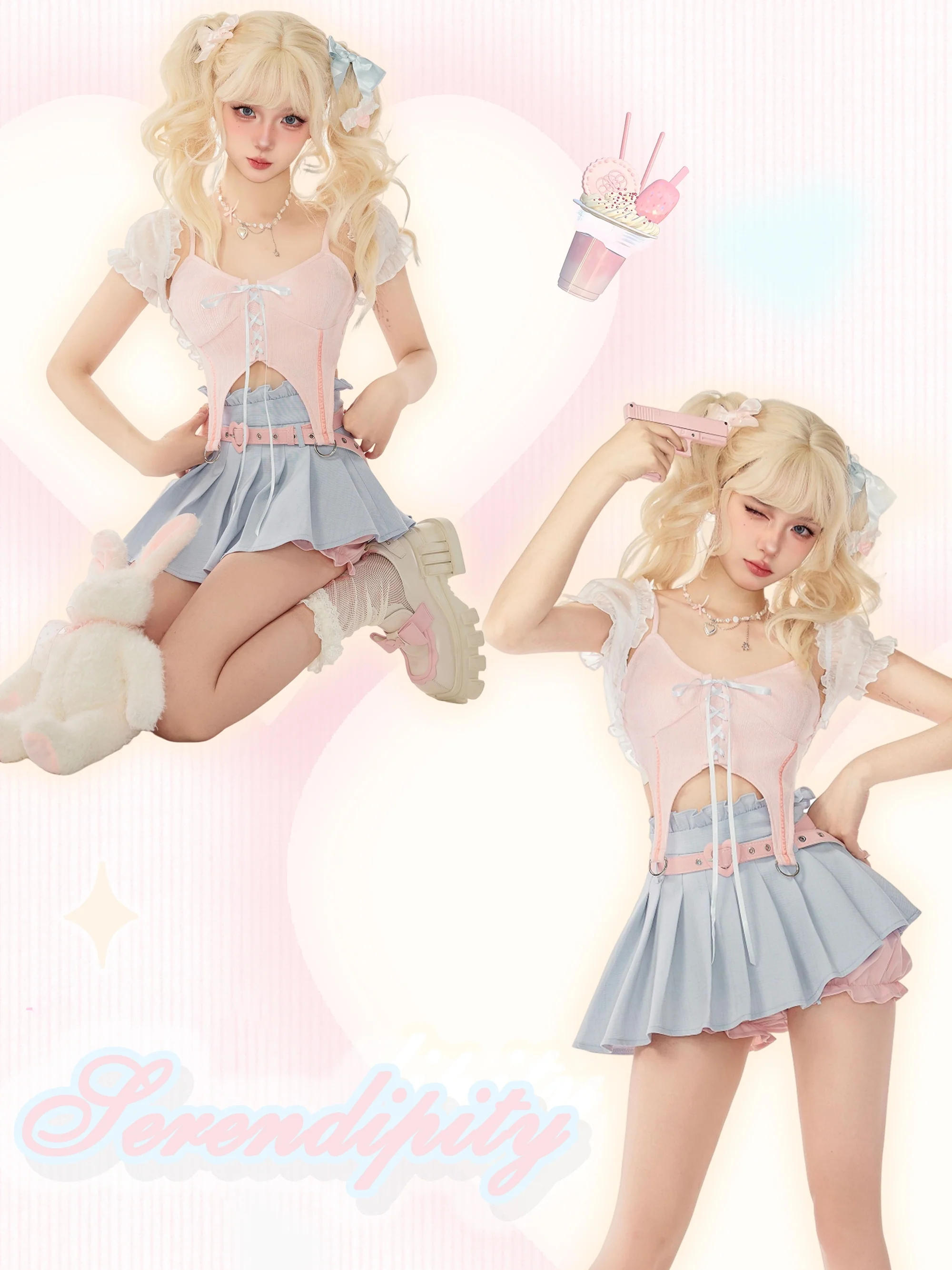 Serendipity Coquette White Sheer Little Cardigan & Pink Sexy Strap Camisole & Blue Pleated Mini Skirt Three Piece Set - Image 6