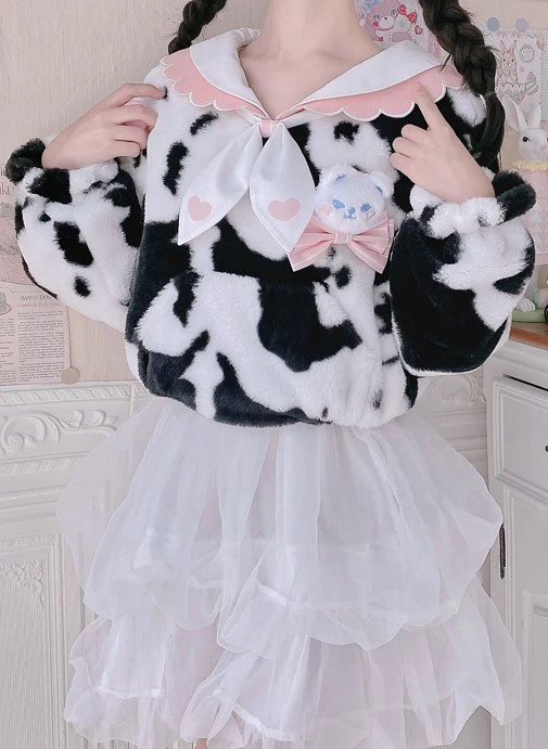 Cow Pattern Black White Pink Sailor Collar Plush Jacket - Image 3