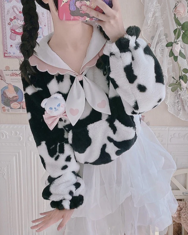 Cow Pattern Black White Pink Sailor Collar Plush Jacket - Image 4