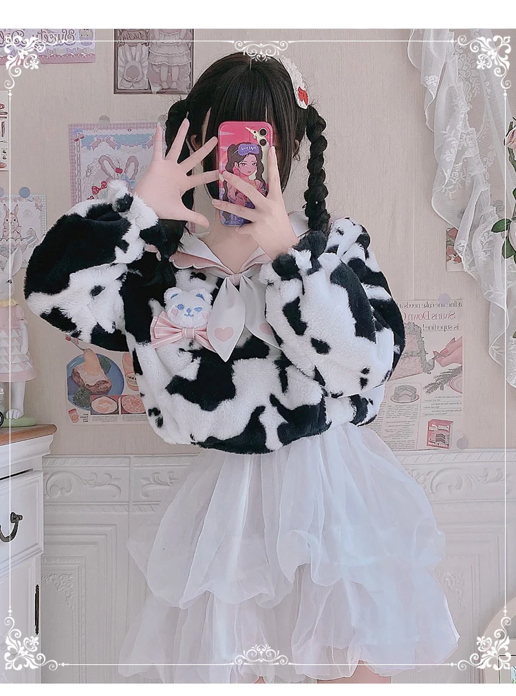 Cow Pattern Black White Pink Sailor Collar Plush Jacket - Image 5