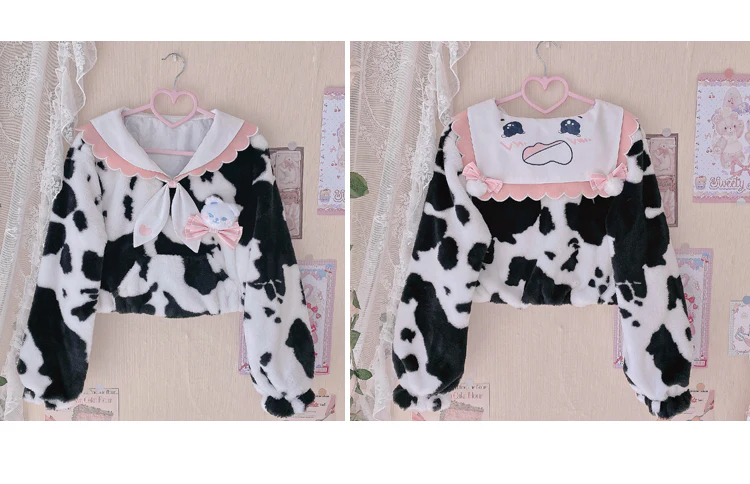Cow Pattern Black White Pink Sailor Collar Plush Jacket - Image 7