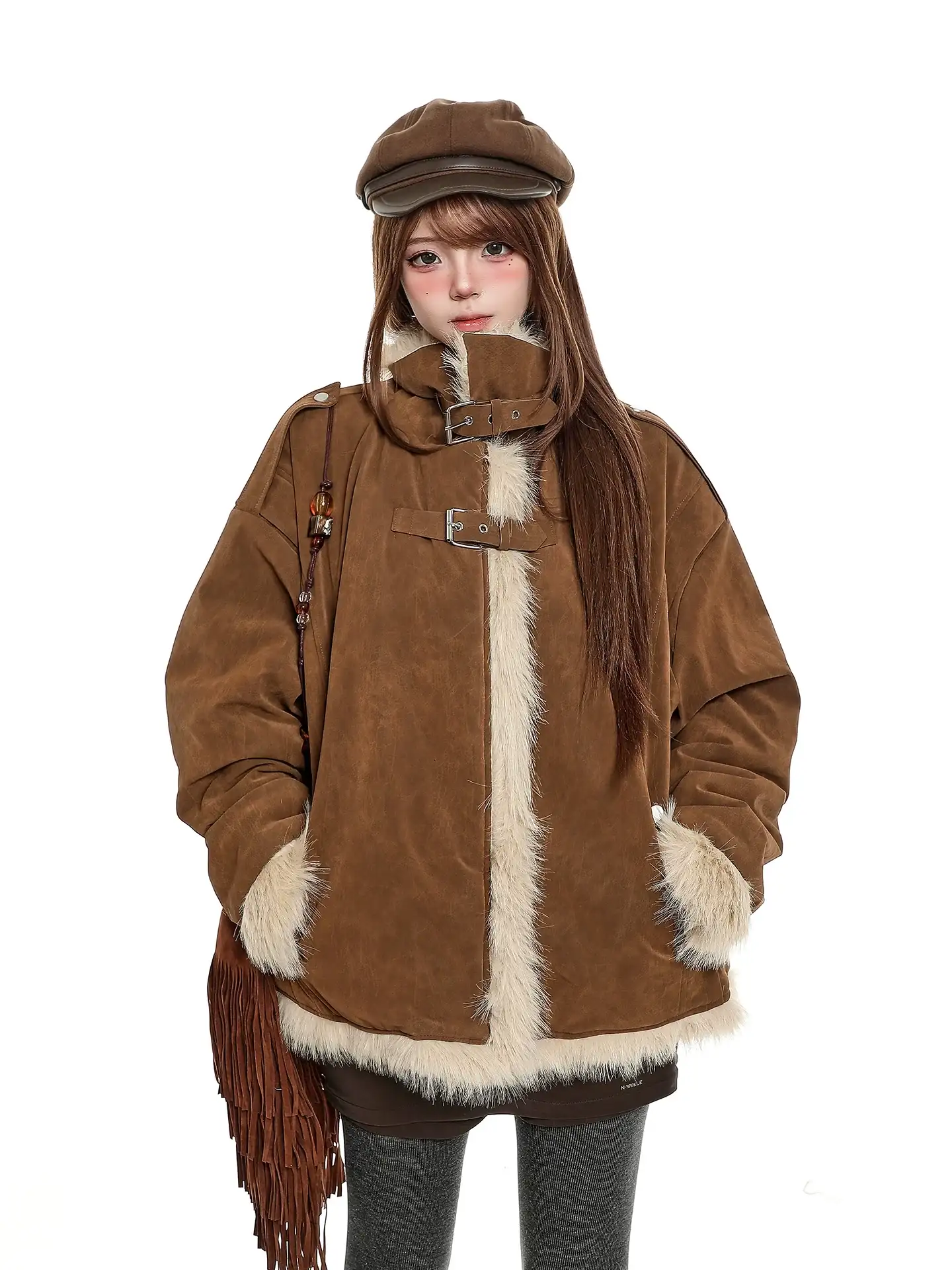 Young Eyes Cozy Cream Fur Collar Brown Pink Black Jacket