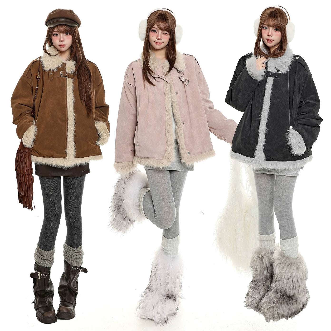 Young Eyes Cozy Cream Fur Collar Brown Pink Black Jacket - Image 5